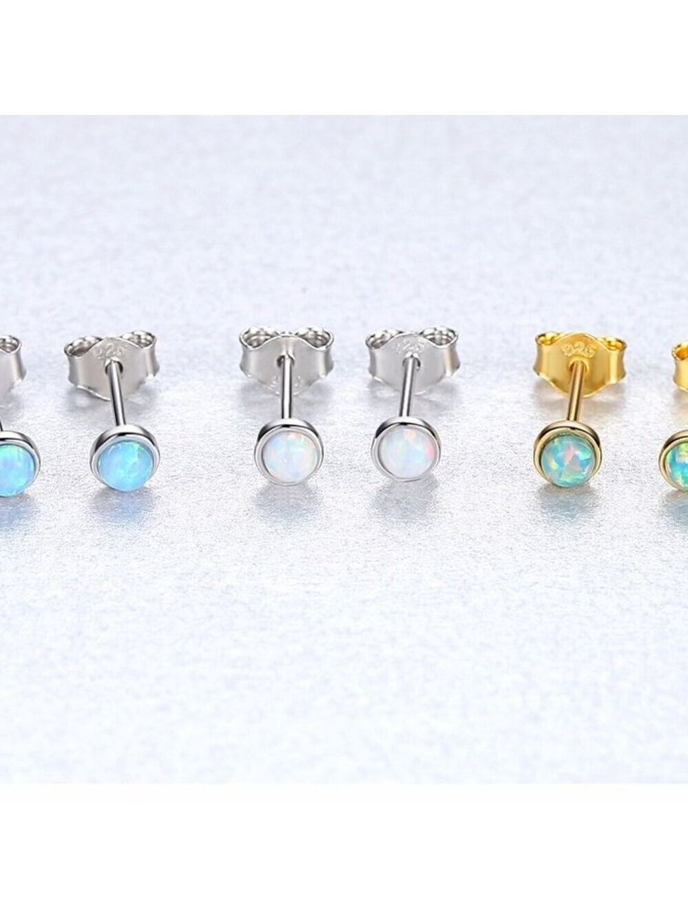 925 Sterling Silver 3mm Round  Opal Stud Earrings - Picture 2 of 5